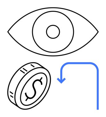 Gözbebekleri ortalı, işaretli bozuk paralar mavi okla bağlanmış. Vizyon, finans, karar verme, planlama, odaklanma, yatırım fırsatları için ideal düz çizgi metaforu