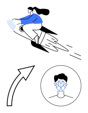 Roket süren kadın hırsı, başarıyı ve hızı temsil ediyor. Ok ilerlemeyi öneriyor. Yüz taraması yapay zekayı, teknolojiyi ve tanımayı somutlaştırır. Büyüme, yenilik ve yapay zeka geliştirme için ideal