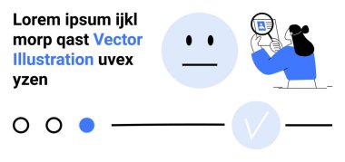 Tarafsız yüz ve mesajın yanındaki büyüteçle belgeyi inceleyen kadın. Yönlendirme noktaları, çizgiler ve işaretler. Analiz, veri incelemesi, kullanıcı geribildirimi, keşif, inceleme için ideal