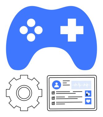 Oyun kumandası, teçhizat ve kullanıcı verileri içeren elektronik gösterge paneli. Oyun, teknoloji, ilerleme izleme, sağlık izleme, eğitim uygulamaları eğlence için idealdir. Soyut çizgi düz metafor