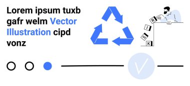 Geri dönüşüm okları, düşen risk bloklarını inceleyen adam ve soyut şekiller. Sürdürülebilirlik, risk yönetimi, eğitim materyali, ekolojik farkındalık, tasarım düzeni şablonları, modern