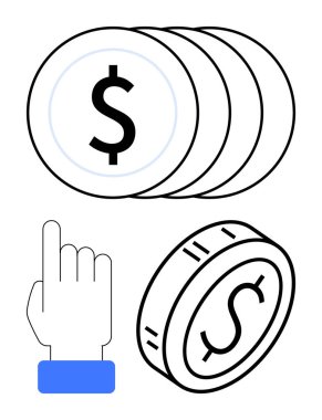 Birikmiş paralar ve madeni paraların yanında, yatırım, tasarruf, ödeme, servet birikimi, bütçe planlaması, ekonomik planlama ve finansal okuryazarlığı temsil eden bir el kaldırıldı. Soyut çizgi
