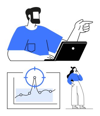 Dizüstü bilgisayarda çalışan bir adam, haritanın yanında düşünen bir kadın büyümeyi ve hedefleri gösteriyor. Strateji, takım çalışması, analitik, liderlik, planlama, işbirliği, soyut düz metafor için ideal