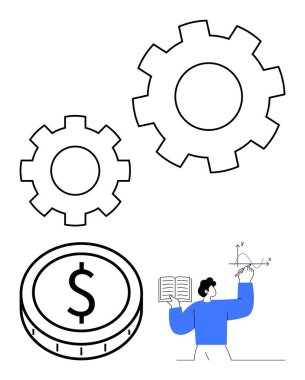 Vites yakınındaki grafikleri ve madeni parayı inceleyen adam finans, verimlilik ve takım çalışmasını sembolize ediyor. Planlama, ekonomi, süreç optimizasyonu, öğrenme, yenilik, iş büyümesi soyut çizgisi için ideal