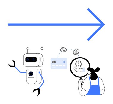 Robot, kredi kartıyla ve büyük okla büyüteçle yapılan işlemleri analiz ediyor. Fintech, AI, otomasyon, gelecek teknolojisi, dijital ödemeler, finansal analiz için ideal