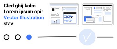 Web sayfası kablo tasarımı, yer tutucu metnin bir bölümü ve ilerleme göstergeleri. Web tasarımı, UIUX tasarımı, prototipleme, kablo çerçeveleme, eğitim amaçlı çalışma akışı için ideal. İniş