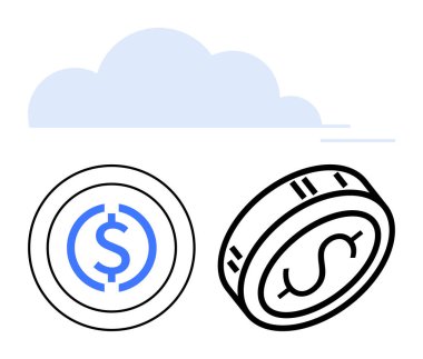 Two coins, one digital with blue markings and one physical, in front of a cloud. Ideal for finance, digital currency, cloud computing, banking, investments technology savings themes. Line metaphor clipart