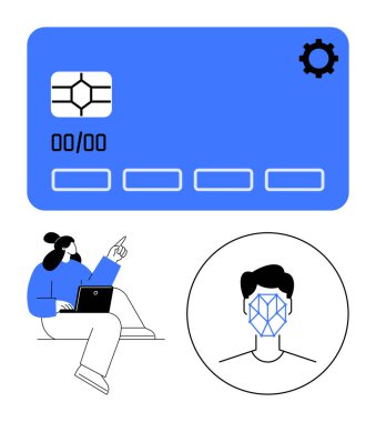 Kredi kartı, çip ve teçhizat, dizüstü bilgisayar kullanan kadın, yüz tanıma profili. Finans, teknoloji, güvenlik, biyometri, yapay zeka kimlik dijital dönüşüm temaları için idealdir. Soyut satır düzlüğü