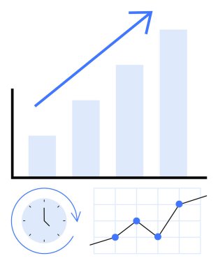 Yukarı doğru ok ile çizgi grafiği, veri noktaları ile çizgi grafiği ve ilerlemeyi yansıtan ok ile saat. Büyüme analizi, iş eğilimleri, finans, performans, zaman yönetimi, tahminler için ideal