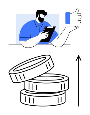 Elinde bir pano ve yukarı doğru ok istiflenmiş bozuk paralar olan bir adam. Finans, yatırım, büyüme, başarı, geri bildirim, iş, ekonomi için idealdir. Satır metaforu