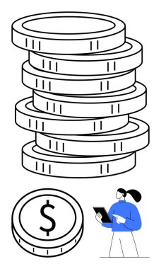 Para yığını, dolar işareti olan bozuk para ve finans, bütçe, yatırımlar, tasarruflar, iş büyümesi, teknoloji ve modern finansal araçları temsil eden tabletli kişi. Soyut satır düzlüğü