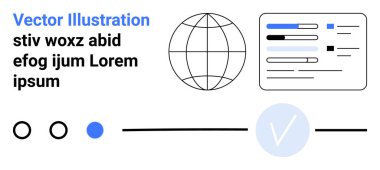 Küre sembolü, metin blokları, ilerleme çubukları ve minimal tasarım işaretleri. Web siteleri için ideal, teknik arayüzler, çevrimiçi formlar, dijital iletişim, kullanıcı deneyimi grafik tasarımı modern