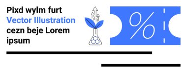 Kimya şişesinden filizlenen bitki büyümeyi sembolize ediyor, yüzde işareti içeren indirim kuponuyla eşleştiriliyor. Sürdürülebilirlik, finans, indirimler, büyüme, yatırım, çevre dostu