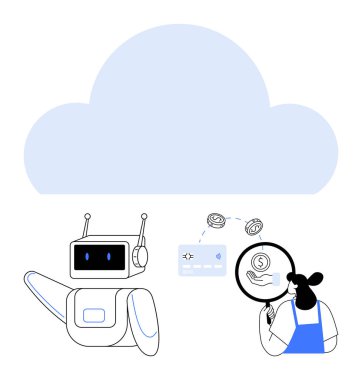 Yapay zeka robotu verileri inceleyen kişi ile bir büyüteç, yukarıda yüzen bulut, çeşitli para birimi simgeleri ve ödeme kartı ile etkileşim halindedir. Teknoloji, yapay zeka, bulut hesaplama, finans, veri analizi için ideal