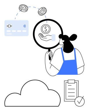 Büyüteç, bulut depolama sembolü, dosya ve kredi kartıyla mali işlemleri inceleyen kişi. Finans, bankacılık, veri analizi, çevrimiçi ödemeler, güvenlik bulutu için ideal