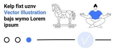 Geometric horse on wheels, person meditating, abstract circular and line elements, and text. Ideal for creativity, focus, balance, spirituality modern design abstract themes meditation. Landing clipart