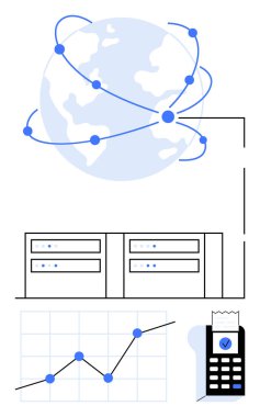 Bağlı düğümler, sunucu yığınları, yükselen grafikler ve faturalı ödeme terminali ile çevrili bir gezegen. Teknoloji, finans, küresel bağlantı, analitik, siber güvenlik e-ticaret için ideal