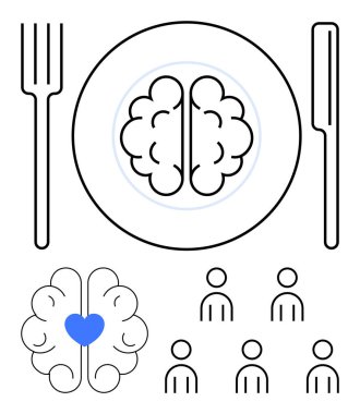 Çatal tabakta beyin tasarımı, bıçaklı beyin simgesi kalp altı kişilik sembol. Akıl sağlığı, toplum, beslenme, refah, empati, eğitim ve farkındalık için idealdir. Satır metaforu