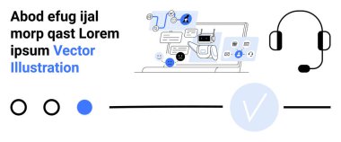Müşteri desteği kulaklıkla etkileşimi, bilgisayar ekranının yanında teknoloji simgelerini gösteren sohbet baloncukları. Teknik destek, müşteri hizmetleri, çevrimiçi yardım, uzaktan çalışma, iletişim araçları için ideal