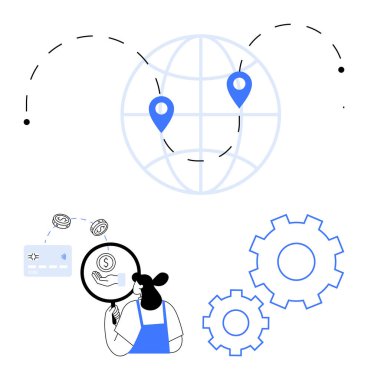 Para birimi sembolleri ve kredi kartıyla temsil edilen finansal verileri analiz eden bir iş kadını. Yer belirleme işaretleri olan dünya, işlemleri ve optimizasyonu sembolize eden vitesler. Lojistik ve finans için ideal