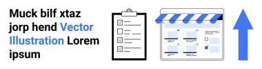 Kontrol işaretli iş listesi panosu, tenteli web sayfası düzeni, yukarı doğru mavi ok. İş planlaması, e-ticaret, ilerleme, organizasyon, strateji, başarı büyümesi için ideal