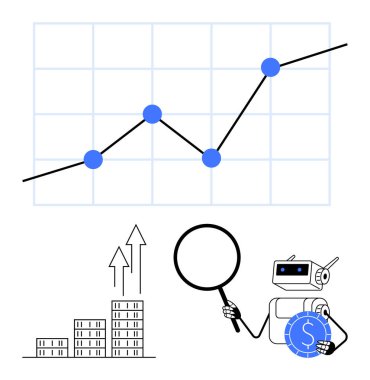 Veri noktaları, bar çizelgesi, büyüteç ve bozuk para tutan robot çizelgesi. Teknoloji, yapay zeka analizleri, finans, iş büyümesi, yatırım veri optimizasyonu için ideal soyut çizgi