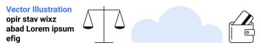Adalet ikonu, bulut şekli ve kartlı cüzdan pulları. Hukuki danışmanlık, teknik depolama, mali yönetim, çevrimiçi güvenlik, veri yedekleme, e-ticaret ticaret iniş sayfası için ideal