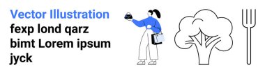 Elinde yemek kabı, brokoli ikonu ve çatal sembolü olan bir kadın. Beslenme, yemek hazırlama, sağlıklı yaşam tarzı, yemek pişirme, diyet planları, sürdürülebilirlik düz iniş sayfası afişi için ideal