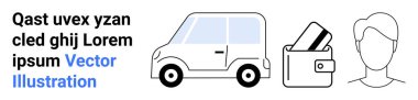 Araba, kredi kartlı cüzdan ve adamın yüzü çizilmiş. Ulaşım, ödeme, finans, kimlik doğrulama, güvenlik mobil uygulamaları ve teknik servis temaları için ideal. İniş sayfası