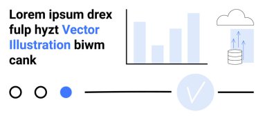 Grafik çizelgesi, bulut depolama, metin parçaları ve doğrulama işaretleri. Veri analizi, bulut hesaplama, iş stratejisi, rapor oluşturma, dijital güvenlik bilgi teknolojisi için ideal
