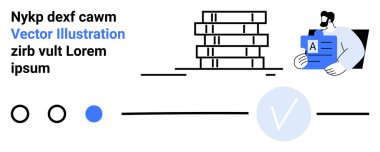 Masaya istiflenmiş kitaplar, kişi elinde belge, arayüz tasarım elemanları daireleri ve işaretleri parmakla işaretliyor. Çalışma örgütü, öğrenim, UIUX, çevrimiçi öğrenme, verimlilik, belgelendirme için ideal
