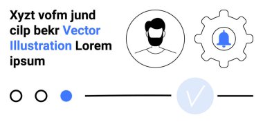 Avatar, ayar ekipmanları ve ilerleme göstergeleriyle kullanıcı profili kurulumu. Web arayüzleri, kullanıcı bindirme, profil özelleştirme, uygulama ayarları, görsel ilerleme, hiyerarşi ve bildirimler için ideal