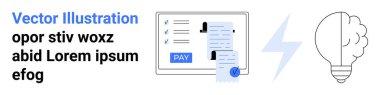 Üzerinde fiş ve ödeme düğmesi olan bir ekranda kontrol listesi, yanında bir yıldırım ve ampul var. Ödeme sistemleri için ideal, yenilik, finans, iş fikirleri, yaratıcılık, enerji, soyut çizgi