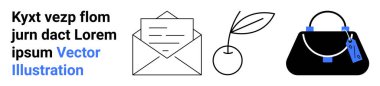 Zarfın içinde bir mektup, yapraklı bir kiraz ve küçük mavi aksanlı parlak siyah bir çanta. İletişim, doğa, moda, basitlik, minimalizm, düz iniş sayfası afişi için ideal