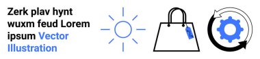 Güneş, etiketli alışveriş çantası, dönen oklu teçhizat. Perakende satış, sürdürülebilirlik, eko-ürünler, yenilik, enerji ticareti yenilenebilir enerji temaları için idealdir. Temiz düz iniş sayfası afişi