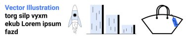 Yukarı doğru fırlatılan roket, şehir siluetini andıran bir bar çizelgesi ve etiketli bir çanta. Yenilik, iş, moda, kentsel yaşam tarzı, perakende, veri görselleştirmeleri düz iniş sayfası afişi için ideal