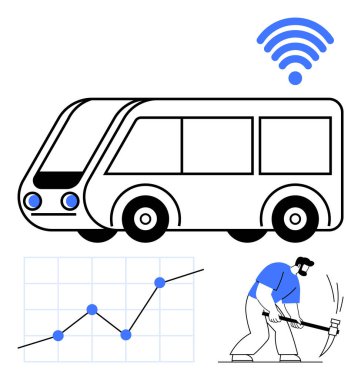 Kablosuz sinyalli otobüs, veri grafiği ve kazma ışıklı ulaşım teknolojisi kullanan işçi. Toplu taşıma için ideal, akıllı sistemler, bağlantı, analitik, iş gücü, yenilik