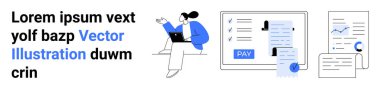 Laptop kullanan bir kadın, işlem süreci görselleri, makbuzlar ve ödeme düğmesi. Fintech, çevrimiçi ödemeler, e-ticaret, dijital çözümler, teknoloji finans uygulamaları için ideal soyut çizgi düz metaforu