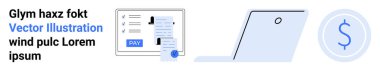 Ödeme formu arayüzü, çevrimiçi işlemler için dizüstü bilgisayar, dolar para simgesi. Finans, bankacılık, e-ticaret, teknoloji girişimleri, fintech, dijital pazarlama web çözümleri için idealdir.