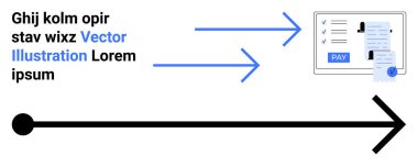 Kalın siyah ok ve mavi oklar ödeme metniyle dolu bir belge yığınını işaret ediyor. Örnek metin vurgusu modern iş akışını iletir. Finans, ödemeler, yön, rehberlik, süreçler ve teknoloji için ideal