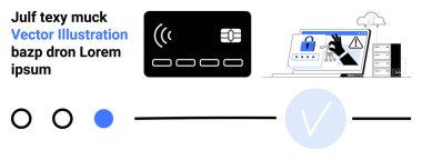 Credit card with radio waves, locked laptop, exclamation mark warning sign, cloud server. Ideal for digital security, financial transactions, data protection, online banking, cybersecurity cloud clipart