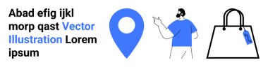 Mavi yer işareti, minimalist adam işaret ediyor, etiketli siyah alışveriş çantası. Navigasyon, e-ticaret, perakende, yol bulma, reklam lojistik seyahati için ideal. Düz iniş sayfası pankartı