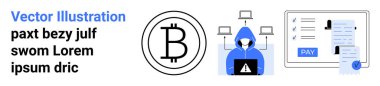 Bitcoin logosu, laptop 'da kapüşonlu bilgisayar korsanı, şifreli cüzdanlar ve sahte ödeme alarmı. Güvenlik, finans, engelleme zinciri farkındalığı, dolandırıcılığı önleme, siber güvenlik risk fintech