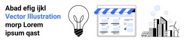 Fikirleri temsil eden ampul, mavi güneşliğin altındaki çevrimiçi vitrin dükkanı, arka planda rüzgar türbinleri ve güneş panelleri olan şehir. Yenilik, e-ticaret, sürdürülebilirlik, kentsel kalkınma için ideal