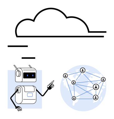 Küresel ağı işaret eden robot düğümlerle bağlanmış, bulut şekli veri depolamayı öneriyor. Teknoloji, otomasyon, yapay zeka, bulut hesaplama, veri yönetimi, iletişim için ideal