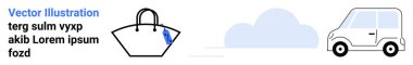 Etiketli el çantası ve bulutlu arka planın yanında küçük bir araba. Seyahat, alışveriş, seyahat, seyahat, seyahat, tatil planlaması, reklamcılık, yaşam tarzı markalaşması, düz iniş sayfası afişi için ideal