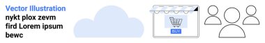 Bir tepe örtüsü, bulut depolama illüstrasyonu ve kullanıcı profili simgeleri altında bir alışveriş arabasıyla e-ticaret arayüzü. Dijital perakende, bulut teknolojisi, kullanıcı arayüzü, çevrimiçi alışveriş için ideal