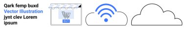 Dükkanın içinde alışveriş arabası, kablosuz sinyal, bağlantıyı, e-ticareti ve veri depolamayı vurgulayan iki bulut simgesi. Çevrimiçi perakende satış, bulut hesaplama, teknoloji, internet erişimi için ideal akıllı