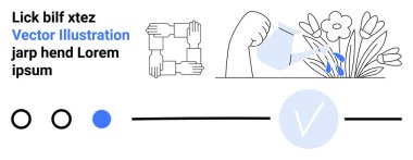 Bir meydanda birbirine kenetlenmiş dört el, çiçekleri sulayan bir elin yanında takım çalışmasını temsil ediyor. Üç daire ve bir işaret simgesi dahil. İşbirliği, büyüme, gelişme için ideal