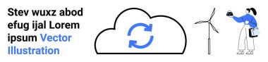 Bulut bağlantı simgeleri, rüzgar türbini ve yenilenebilir enerji ile çalışan mavi giysili insan karışımı. Sürdürülebilirlik, bulut teknolojisi, yenilik, yenilenebilir kaynaklar, enerji verimliliği için ideal